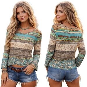 LOLA P Top Womens Large Teal Brown Boho Y2K Eclectic Artsy Festival